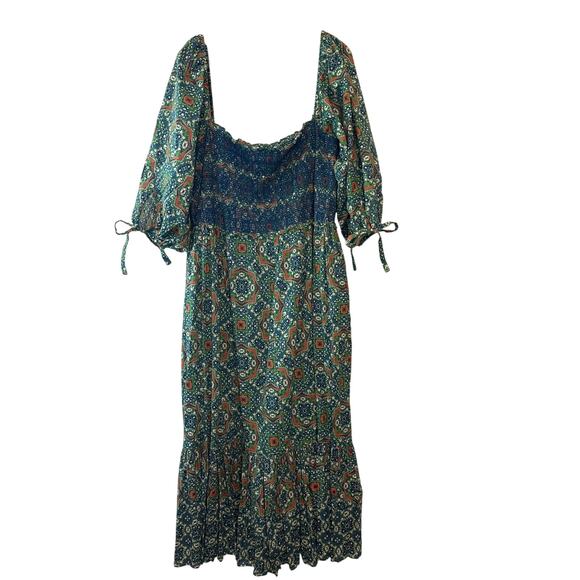 Cara Cara Moroccan Tile Teal Jazzy Midi Dress Size Large Boho Smocked Dress - Picture 5 of 12